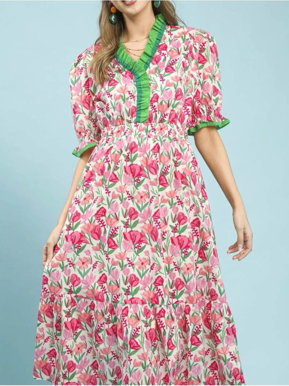 Umgee Pink & Green Floral V-Neck Midi Dress
